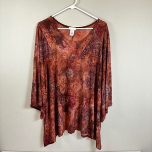 Floral Boho Tunic Top Plus 3X Burnt Orange Brown Stretchy Asymmetrical Hem‎ Fall